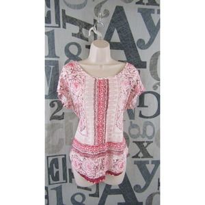 Lucky Brand Pink/Red BOHO Floral Shirttail Knit Top Women L Linen Blend Stretch